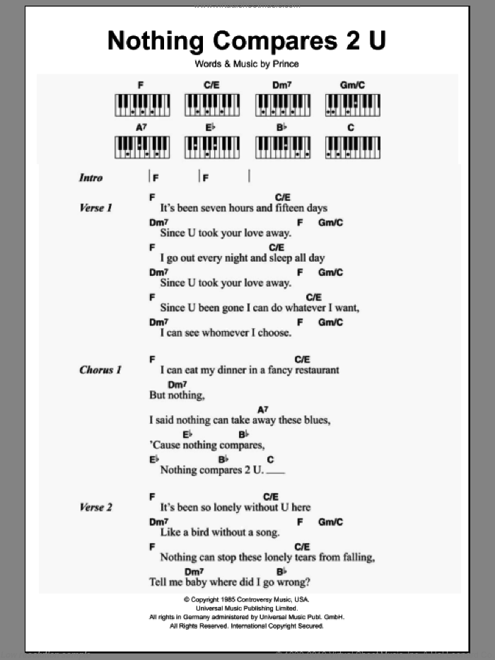 Nothing Compares 2 U sheet music for piano solo (chords, lyrics, melody) by Sinead O'Connor and Prince, intermediate piano (chords, lyrics, melody)