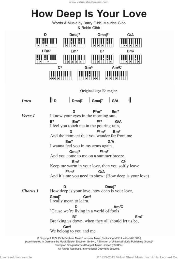 How Deep Is Your Love sheet music for piano solo (chords, lyrics, melody) by Bee Gees, Barry Gibb, Maurice Gibb and Robin Gibb, intermediate piano (chords, lyrics, melody)