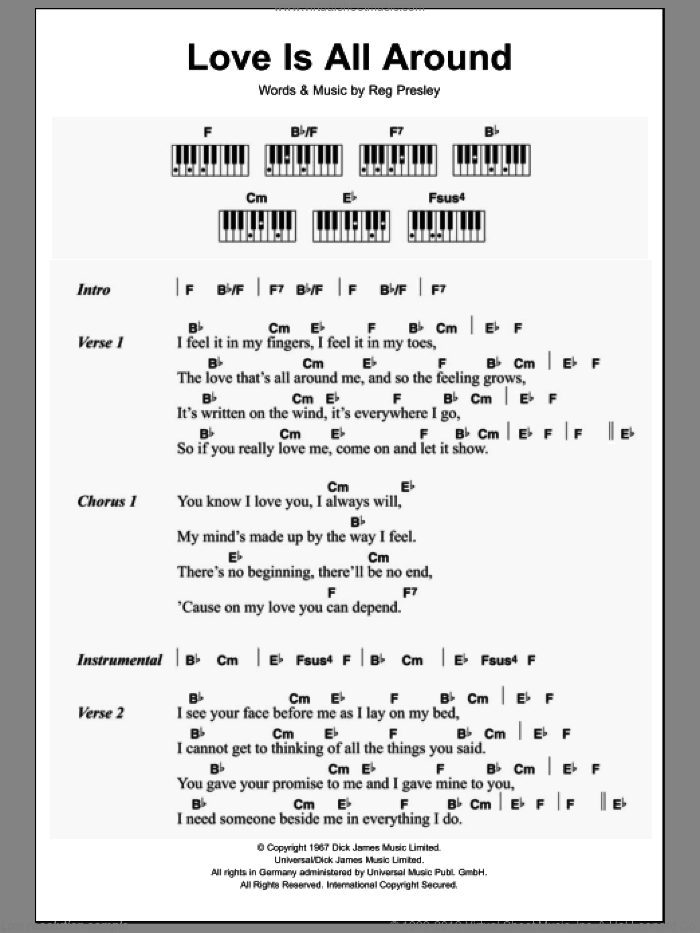 Love Is All Around sheet music for piano solo (chords, lyrics, melody) by Wet Wet Wet, The Troggs and Reg Presley, intermediate piano (chords, lyrics, melody)