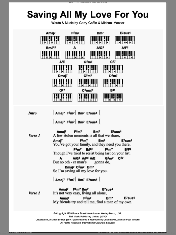 Saving All My Love For You sheet music for piano solo (chords, lyrics, melody) by Whitney Houston, Gerry Goffin and Michael Masser, intermediate piano (chords, lyrics, melody)