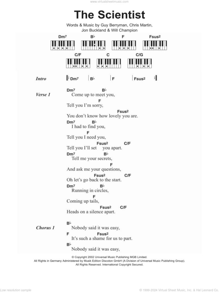 The Scientist sheet music for piano solo (chords, lyrics, melody) by Coldplay, Chris Martin, Guy Berryman, Jon Buckland and Will Champion, intermediate piano (chords, lyrics, melody)