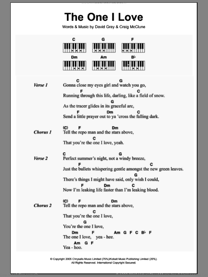The One I Love sheet music for piano solo (chords, lyrics, melody) by David Gray and Craig McClune, intermediate piano (chords, lyrics, melody)