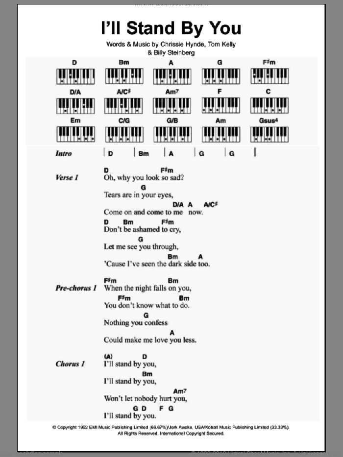 I'll Stand By You sheet music for piano solo (chords, lyrics, melody) by The Pretenders, Billy Steinberg, Chrissie Hynde and Tom Kelly, intermediate piano (chords, lyrics, melody)