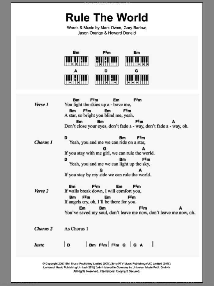Rule The World sheet music for piano solo (chords, lyrics, melody) by Take That, Gary Barlow, Howard Donald, Jason Orange and Mark Owen, intermediate piano (chords, lyrics, melody)