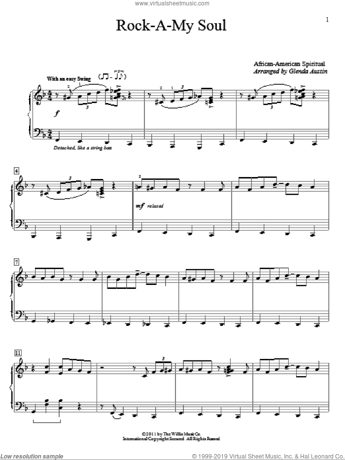 Rock A My Soul sheet music for piano solo (elementary)  and Glenda Austin, beginner piano (elementary)
