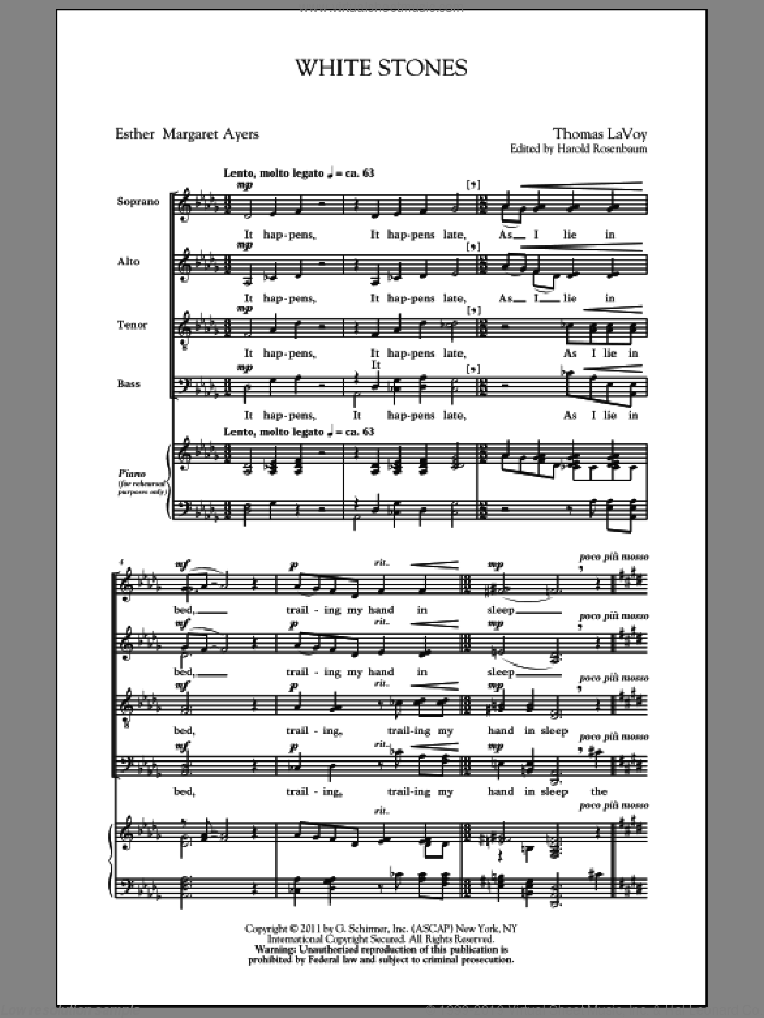 White Stones sheet music for choir (SATB: soprano, alto, tenor, bass) by Harold Rosenbaum, Thomas LaVoy and Esther Margaret Ayers, intermediate skill level