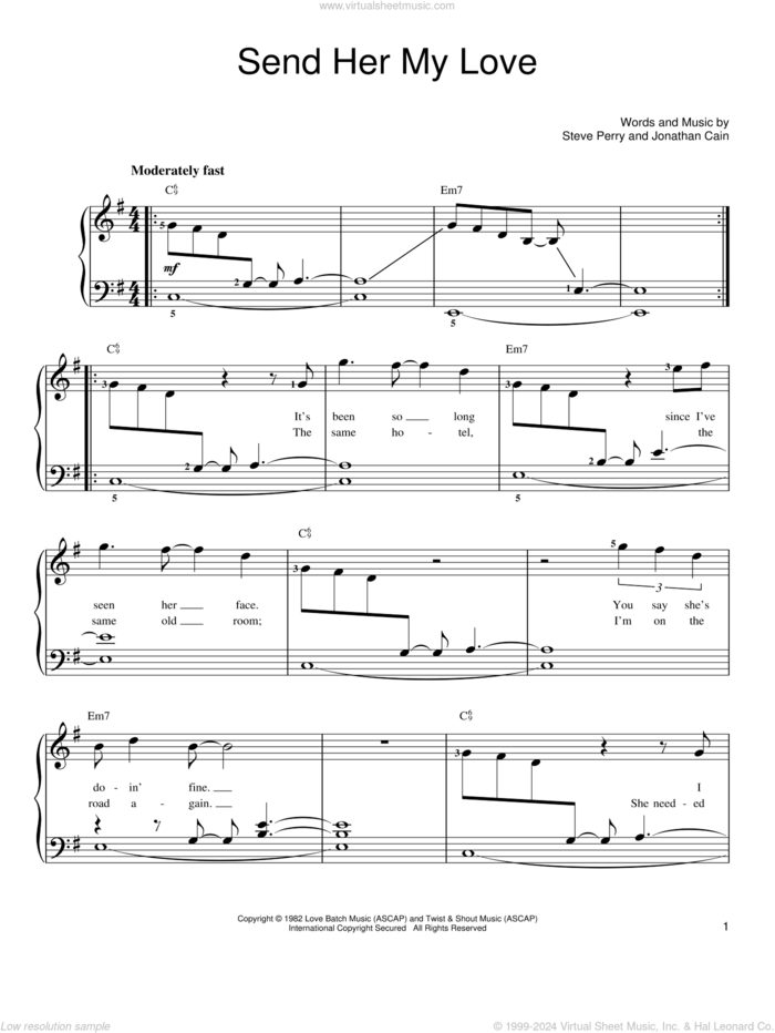 Send Her My Love sheet music for piano solo by Journey, Jonathan Cain and Steve Perry, easy skill level