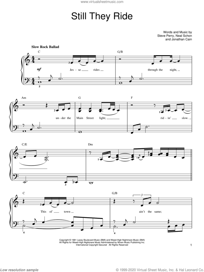 Still They Ride sheet music for piano solo by Journey, Jonathan Cain, Neal Schon and Steve Perry, easy skill level
