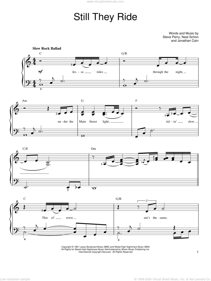 Still They Ride sheet music for piano solo by Journey, Jonathan Cain, Neal Schon and Steve Perry, easy skill level