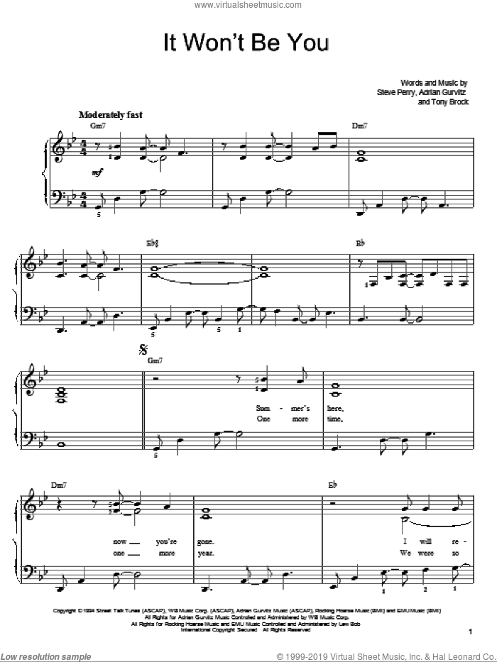 It Won't Be You sheet music for piano solo by Steve Perry, Adrian Gurvitz and Tony Brock, easy skill level