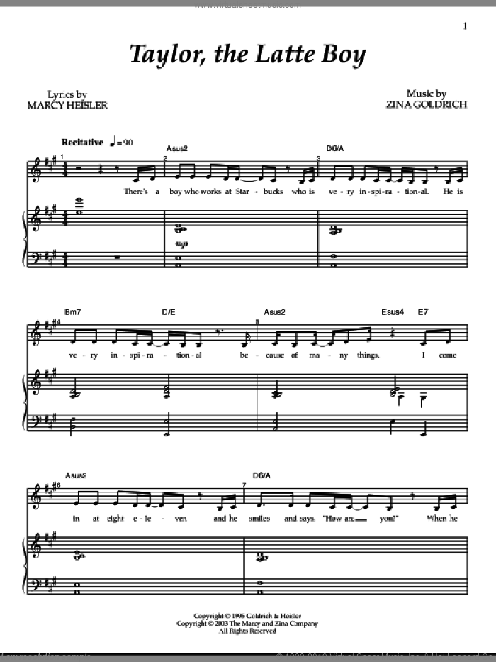Taylor, The Latte Boy sheet music for voice and piano by Goldrich & Heisler, Kristin Chenoweth, Marcy Heisler and Zina Goldrich, intermediate skill level