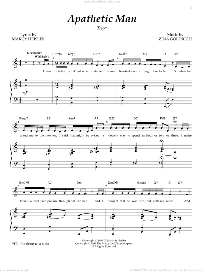 Apathetic Man sheet music for voice and piano by Goldrich & Heisler, Marcy Heisler and Zina Goldrich, intermediate skill level