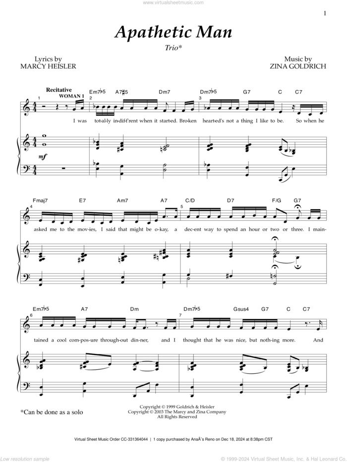 Apathetic Man sheet music for voice and piano by Goldrich & Heisler, Marcy Heisler and Zina Goldrich, intermediate skill level