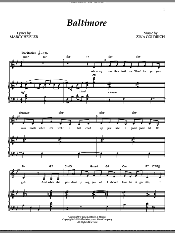 Baltimore sheet music for voice and piano by Goldrich & Heisler, Marcy Heisler and Zina Goldrich, intermediate skill level