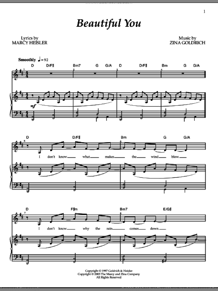 Beautiful You sheet music for voice and piano by Goldrich & Heisler, Marcy Heisler and Zina Goldrich, intermediate skill level