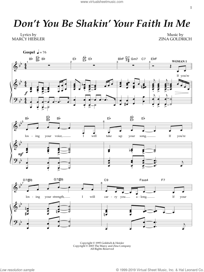 Don't You Be Shakin' Your Faith In Me sheet music for voice and piano by Goldrich & Heisler, Marcy Heisler and Zina Goldrich, intermediate skill level