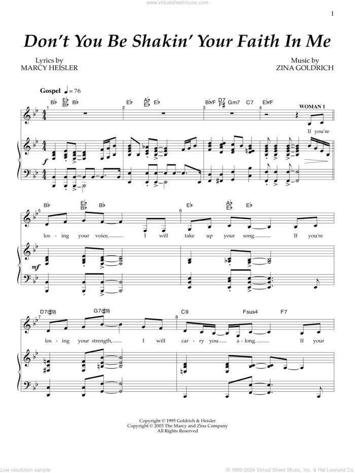 Don't You Be Shakin' Your Faith In Me sheet music for voice and piano by Goldrich & Heisler, Marcy Heisler and Zina Goldrich, intermediate skill level