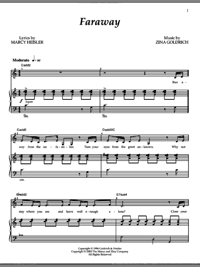 Faraway sheet music for voice and piano by Goldrich & Heisler, Marcy Heisler and Zina Goldrich, intermediate skill level