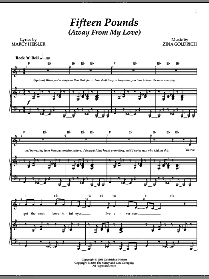 Fifteen Pounds (Away From My Love) sheet music for voice and piano by Goldrich & Heisler, Marcy Heisler and Zina Goldrich, intermediate skill level