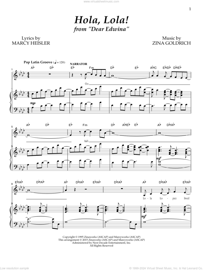 Hola, Lola! sheet music for voice and piano by Goldrich & Heisler, Marcy Heisler and Zina Goldrich, intermediate skill level