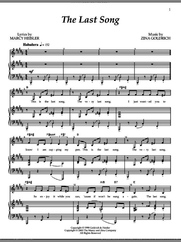 The Last Song sheet music for voice and piano by Goldrich & Heisler, Marcy Heisler and Zina Goldrich, intermediate skill level
