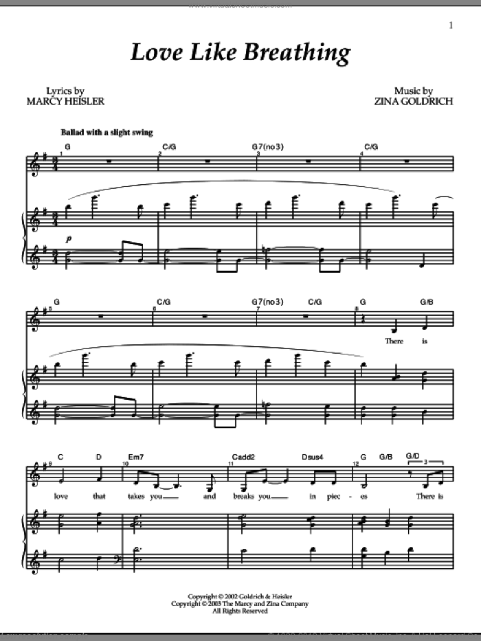 Love Like Breathing sheet music for voice and piano by Goldrich & Heisler, Marcy Heisler and Zina Goldrich, intermediate skill level