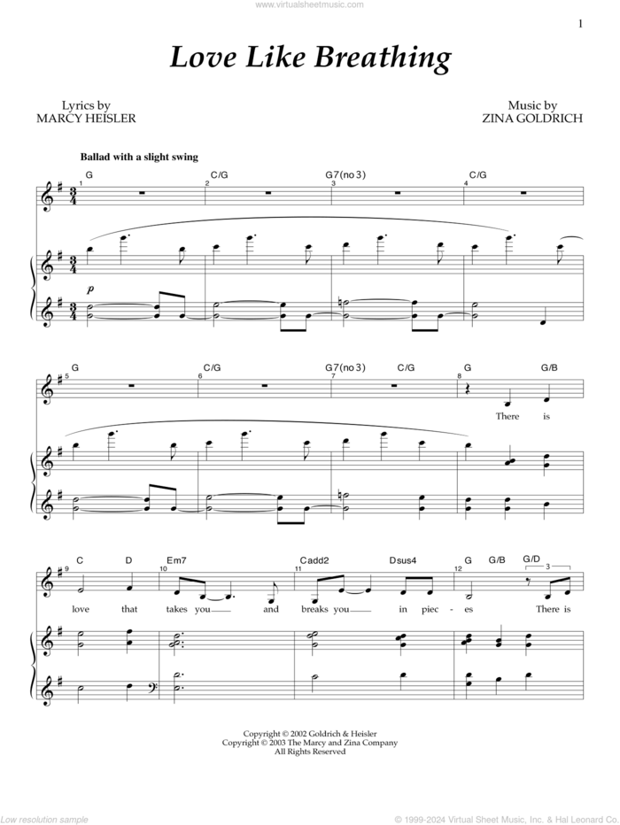 Love Like Breathing sheet music for voice and piano by Goldrich & Heisler, Marcy Heisler and Zina Goldrich, intermediate skill level