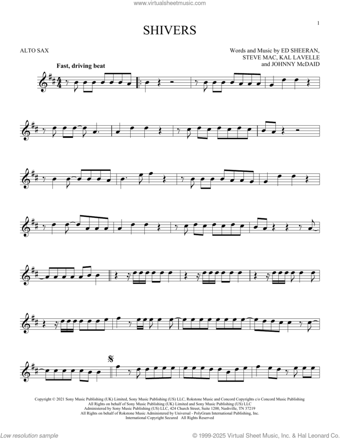 Shivers sheet music for alto saxophone solo by Ed Sheeran, Johnny McDaid, Kal Lavelle and Steve Mac, intermediate skill level