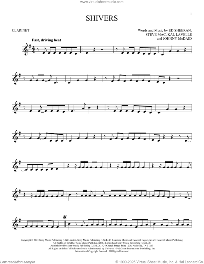 Shivers sheet music for clarinet solo by Ed Sheeran, Johnny McDaid, Kal Lavelle and Steve Mac, intermediate skill level