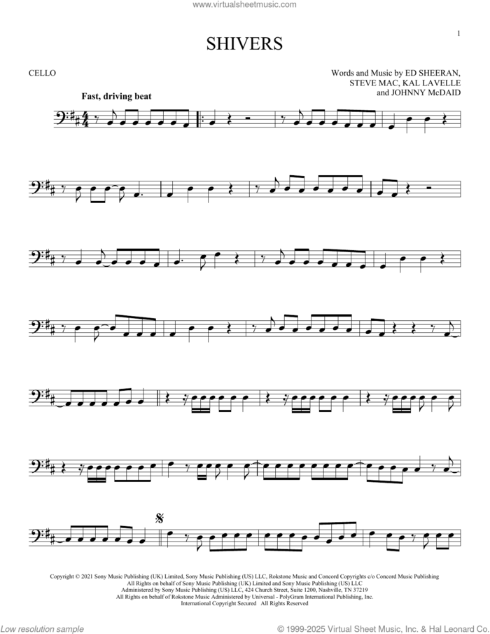 Shivers sheet music for cello solo by Ed Sheeran, Johnny McDaid, Kal Lavelle and Steve Mac, intermediate skill level
