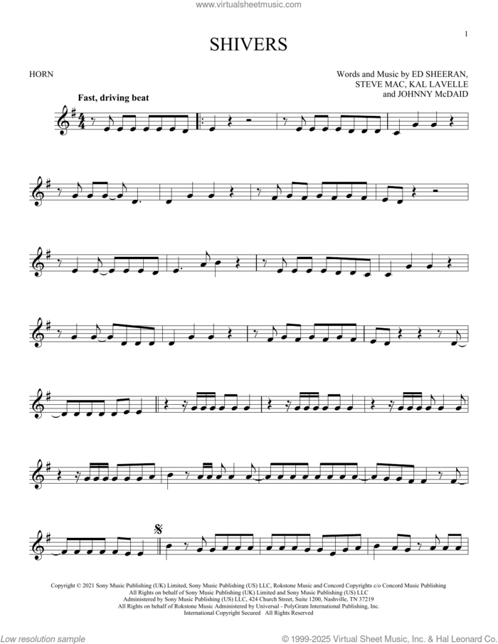 Shivers sheet music for horn solo by Ed Sheeran, Johnny McDaid, Kal Lavelle and Steve Mac, intermediate skill level