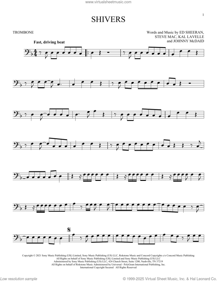 Shivers sheet music for trombone solo by Ed Sheeran, Johnny McDaid, Kal Lavelle and Steve Mac, intermediate skill level