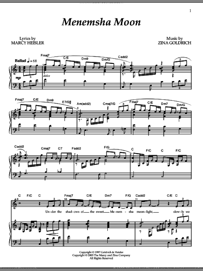 Menemsha Moon sheet music for voice and piano by Goldrich & Heisler, Marcy Heisler and Zina Goldrich, intermediate skill level