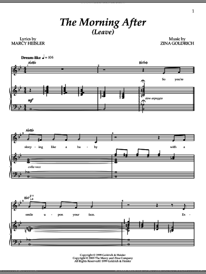 The Morning After (Leave) sheet music for voice and piano by Goldrich & Heisler, Marcy Heisler and Zina Goldrich, intermediate skill level