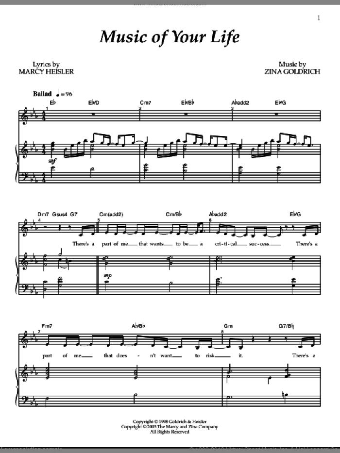 Music Of Your Life sheet music for voice and piano by Goldrich & Heisler, Marcy Heisler and Zina Goldrich, intermediate skill level