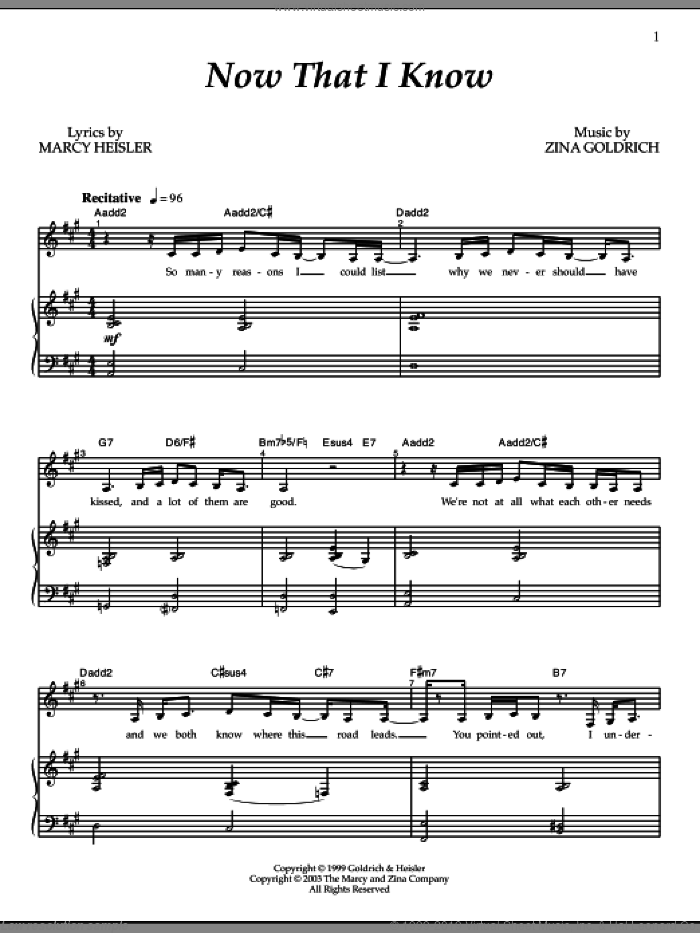 Now That I Know sheet music for voice and piano by Goldrich & Heisler, Marcy Heisler and Zina Goldrich, intermediate skill level