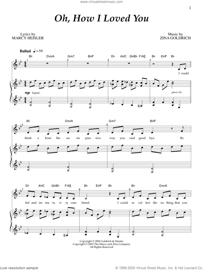 Oh, How I Loved You sheet music for voice and piano by Goldrich & Heisler, Marcy Heisler and Zina Goldrich, intermediate skill level