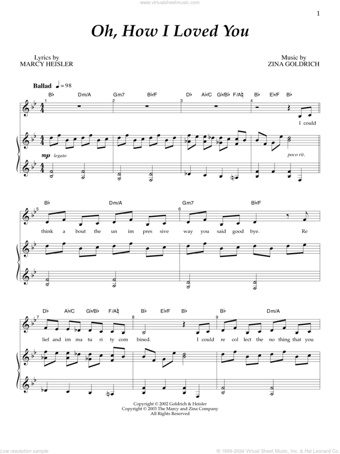 Oh, How I Loved You sheet music for voice and piano by Goldrich & Heisler, Marcy Heisler and Zina Goldrich, intermediate skill level