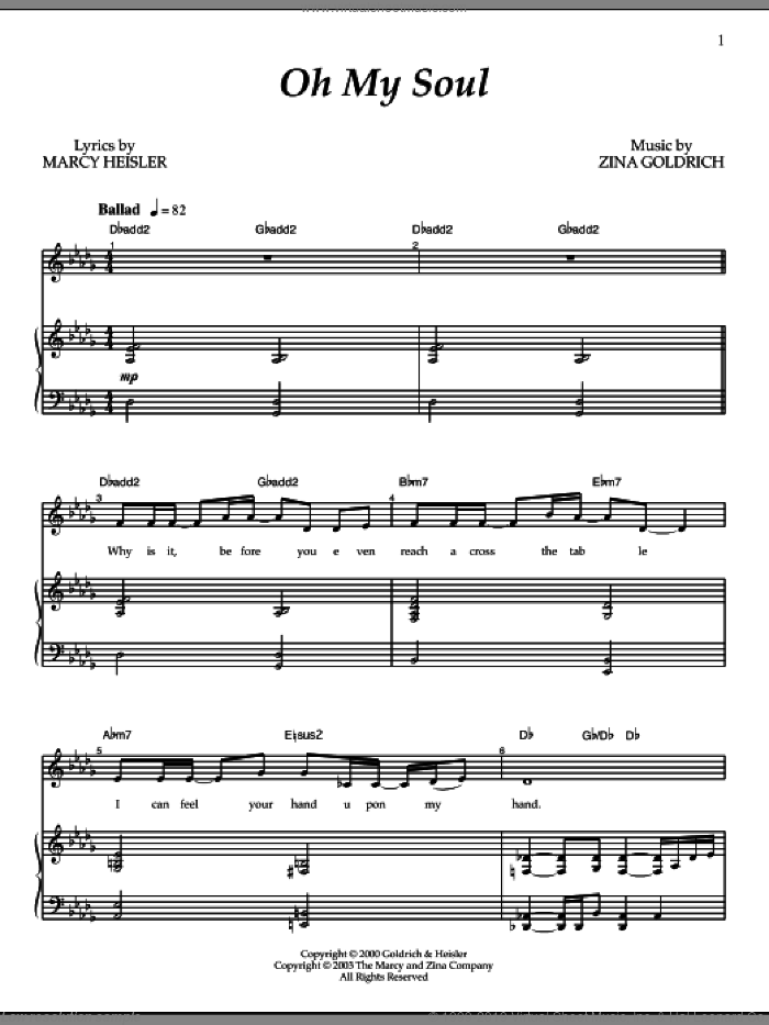 Oh My Soul sheet music for voice and piano by Goldrich & Heisler, Marcy Heisler and Zina Goldrich, intermediate skill level