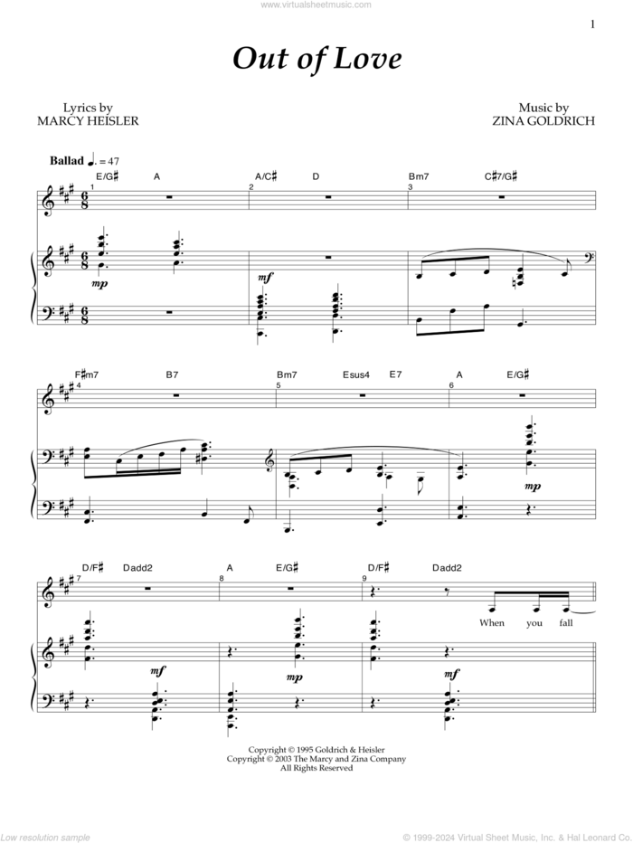 Out Of Love sheet music for voice and piano by Goldrich & Heisler, Marcy Heisler and Zina Goldrich, intermediate skill level