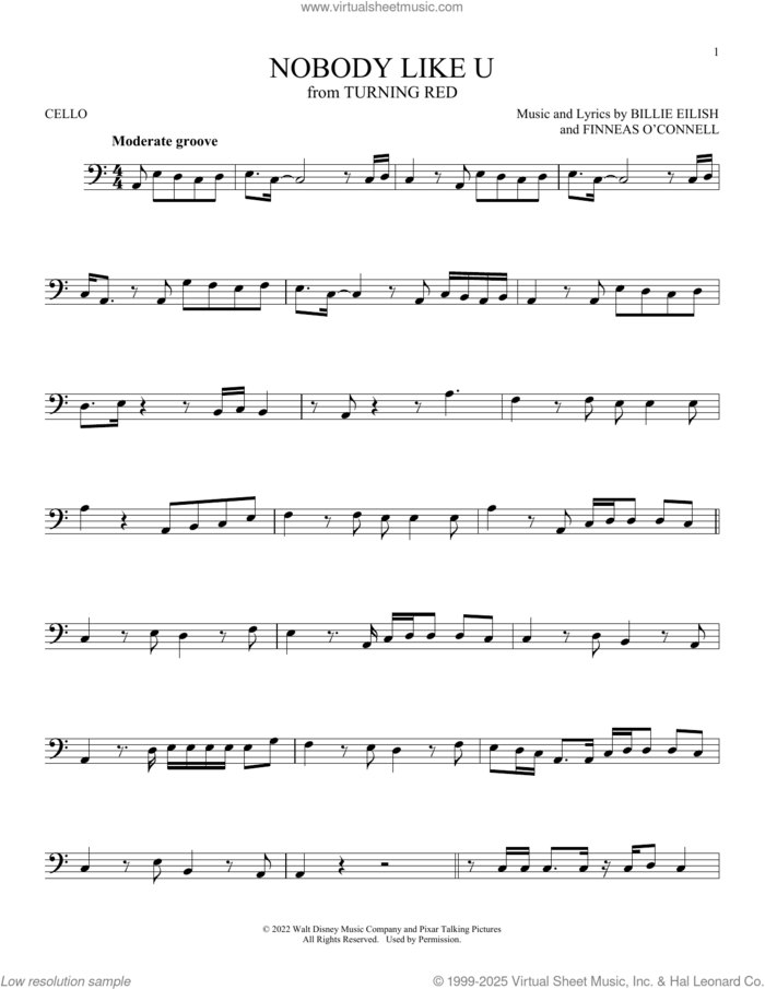 Nobody Like U (from Turning Red) sheet music for cello solo by 4*TOWN and Billie Eilish, intermediate skill level
