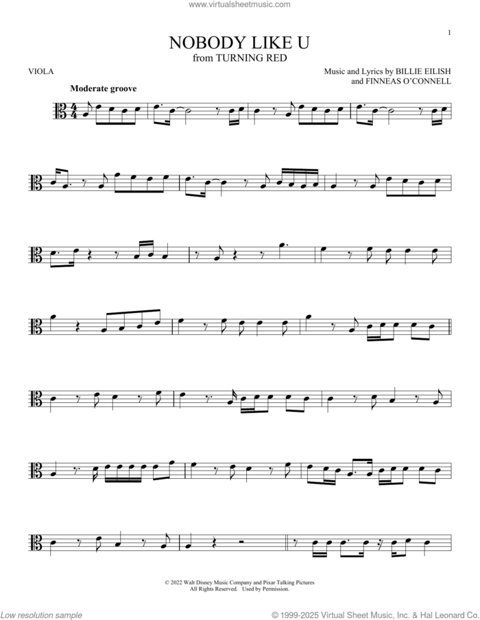 Nobody Like U (from Turning Red) sheet music for viola solo by 4*TOWN and Billie Eilish, intermediate skill level