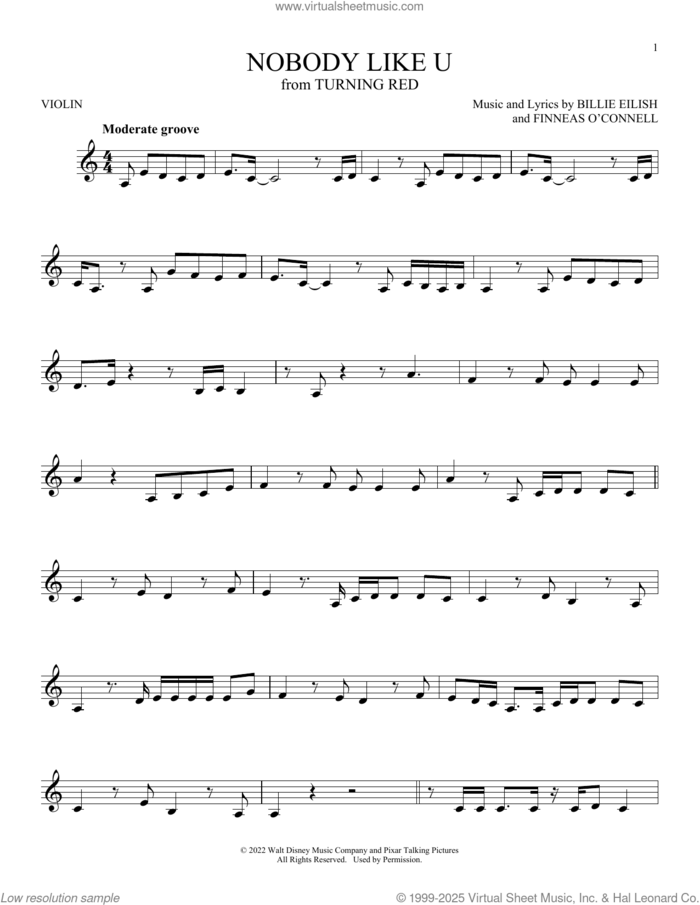 Nobody Like U (from Turning Red) sheet music for violin solo by 4*TOWN and Billie Eilish, intermediate skill level