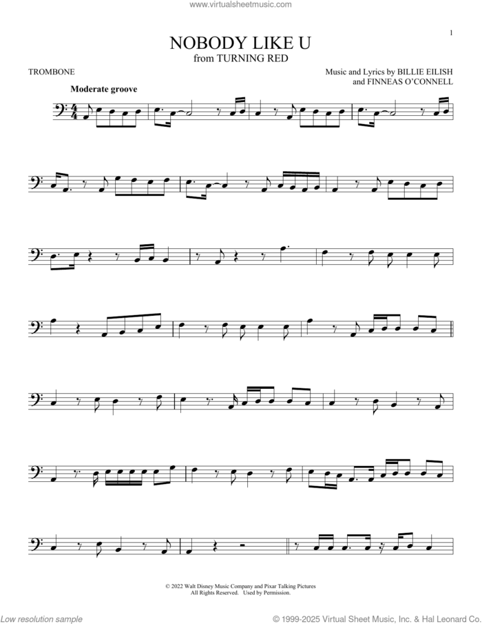 Nobody Like U (from Turning Red) sheet music for trombone solo by 4*TOWN and Billie Eilish, intermediate skill level