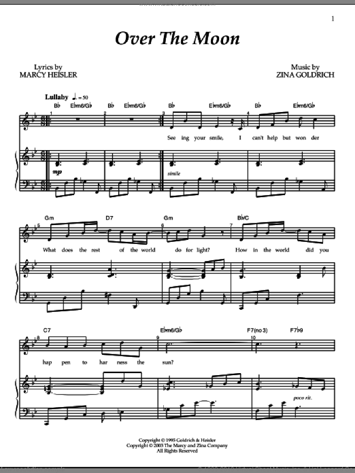 Over The Moon sheet music for voice and piano by Goldrich & Heisler, Marcy Heisler and Zina Goldrich, intermediate skill level
