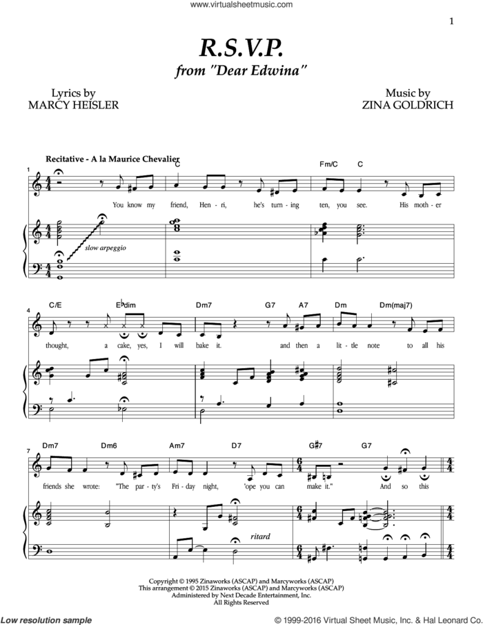 R.S.V.P. sheet music for voice and piano by Goldrich & Heisler, Marcy Heisler and Zina Goldrich, intermediate skill level