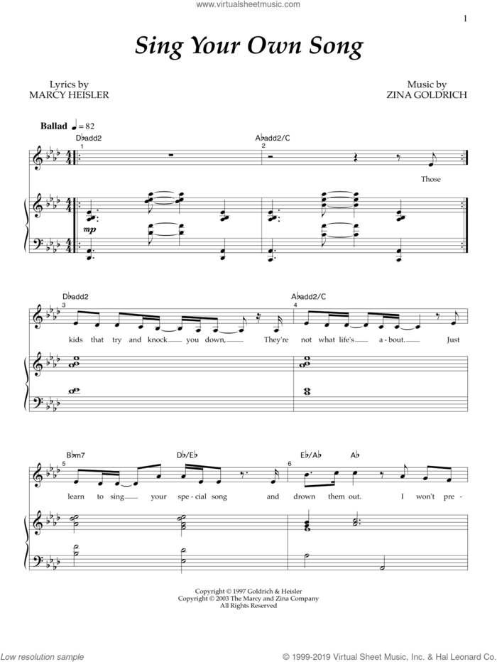 Sing Your Own Song sheet music for voice and piano by Goldrich & Heisler, Marcy Heisler and Zina Goldrich, intermediate skill level
