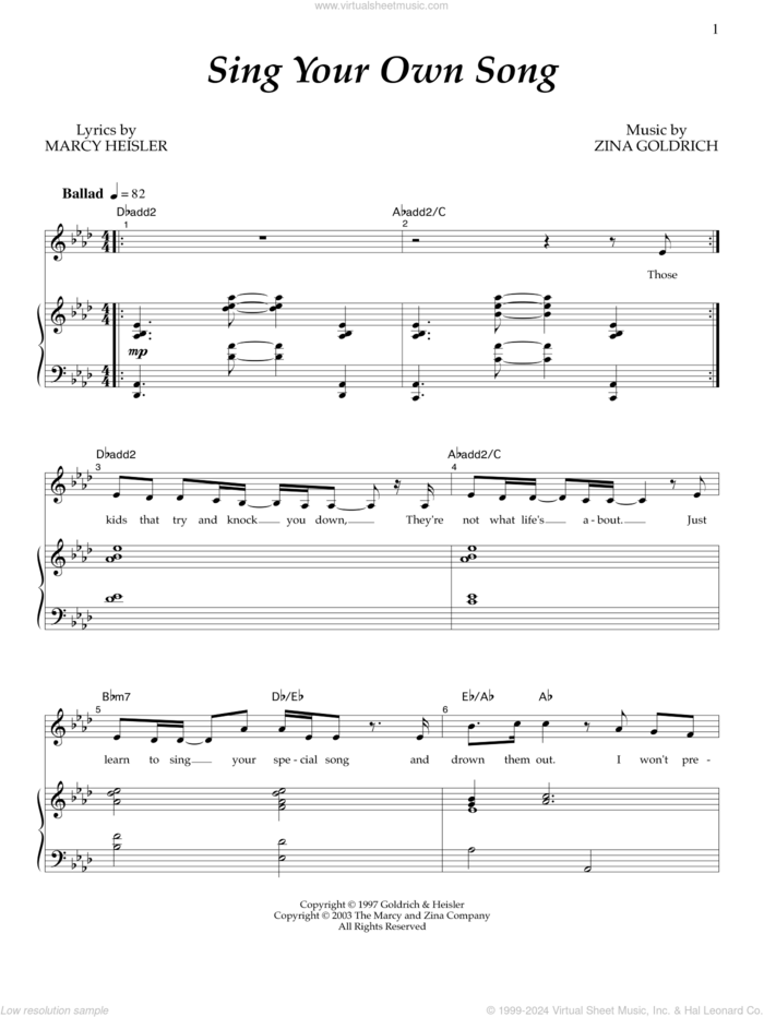 Sing Your Own Song sheet music for voice and piano by Goldrich & Heisler, Marcy Heisler and Zina Goldrich, intermediate skill level