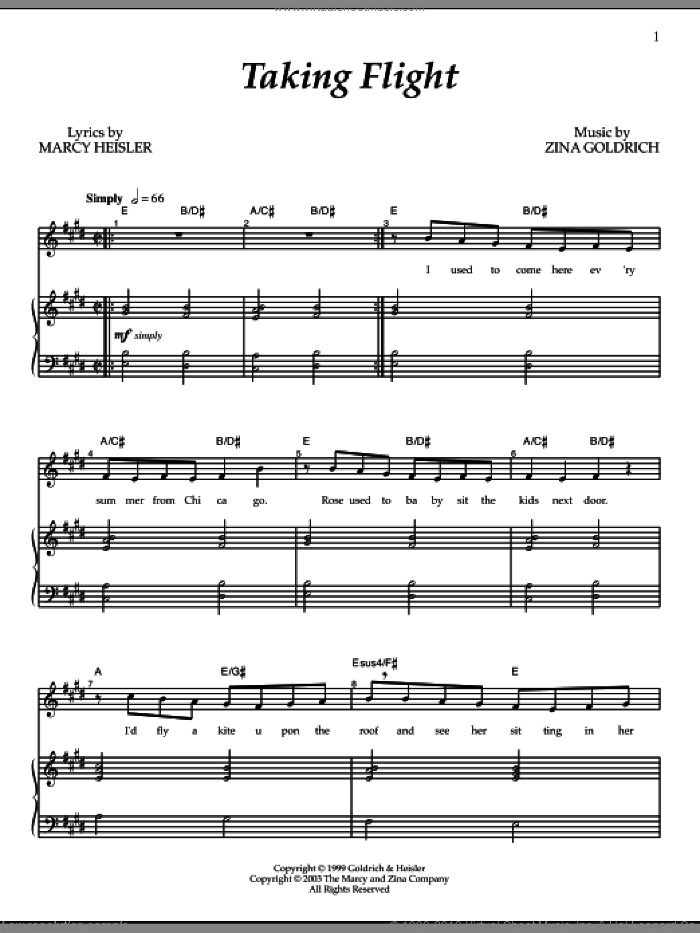 Taking Flight sheet music for voice and piano by Goldrich & Heisler, Marcy Heisler and Zina Goldrich, intermediate skill level