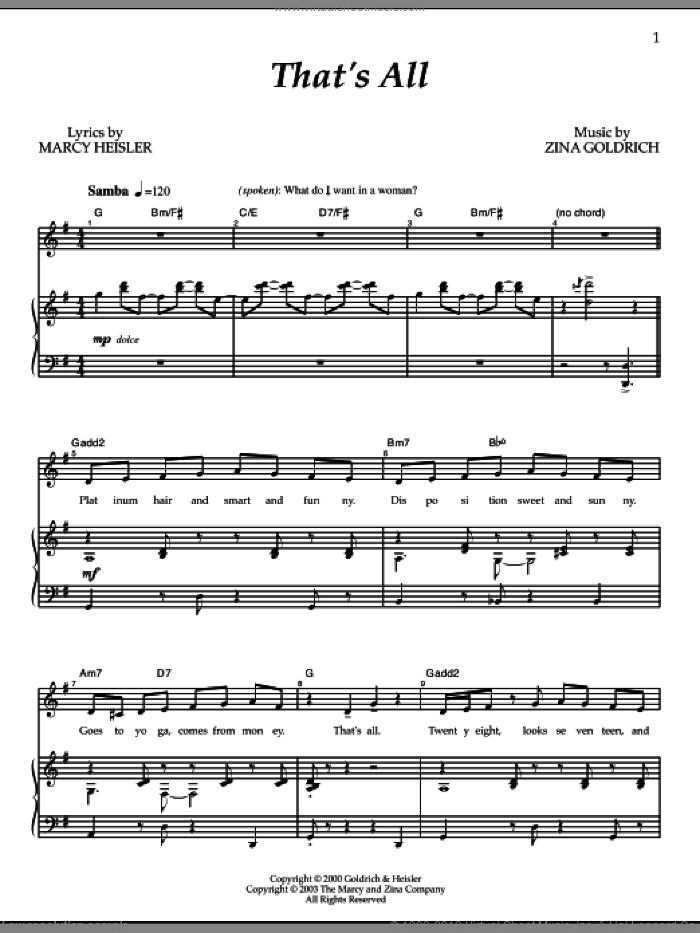 That's All sheet music for voice and piano by Goldrich & Heisler, Marcy Heisler and Zina Goldrich, intermediate skill level